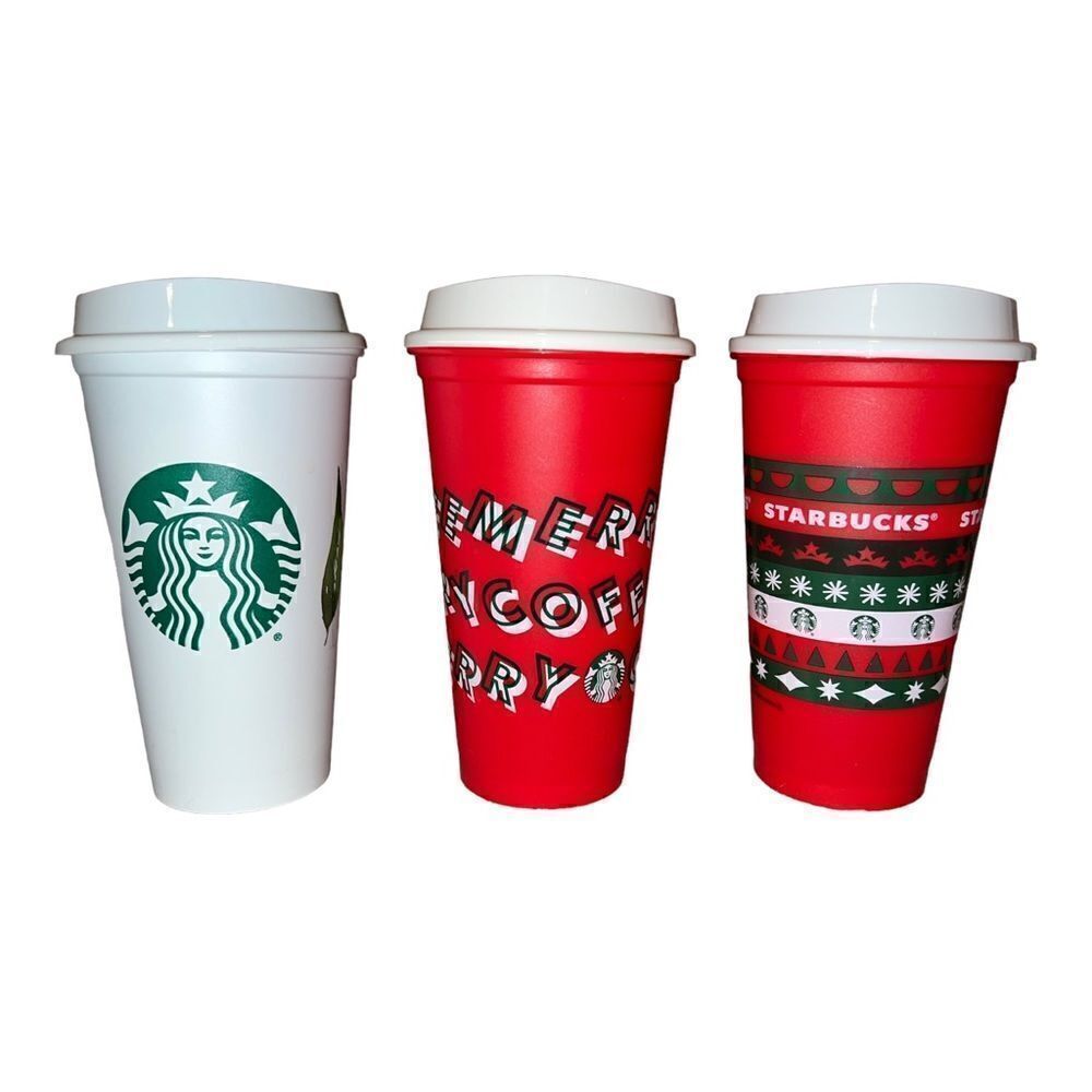 Starbucks Set of Three Plastic Reusable Cups 16 Oz with Lids Christmas Fall 2013